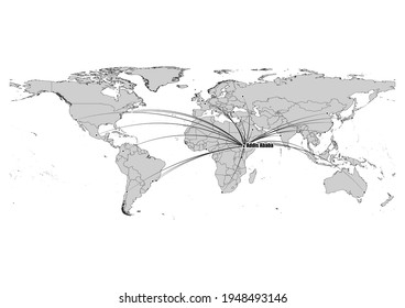 Digitally editable vector map showing  Addis Ababa, Ethiopia's position on the world map, and its connections with other major cities. File is suitable for editing and printing of all sizes.