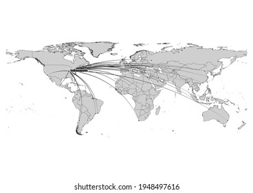 Digitally editable vector map showing  Indianapolis, United States of America's position on the world map, and its connections with other major cities. File is suitable for editing and printing of all