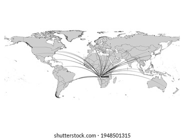 Digitally editable vector map showing  Huambo, Angola's position on the world map, and its connections with other major cities. File is suitable for editing and printing of all sizes.
