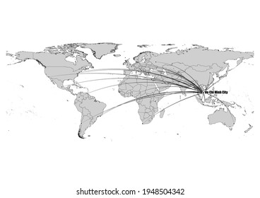 Digitally editable vector map showing  Ho Chi Minh City, Vietnam's position on the world map, and its connections with other major cities. File is suitable for editing and printing of all sizes.