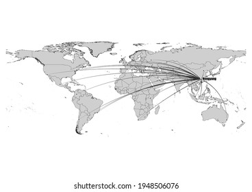 Digitally editable vector map showing  Hengyang, China's position on the world map, and its connections with other major cities. File is suitable for editing and printing of all sizes.