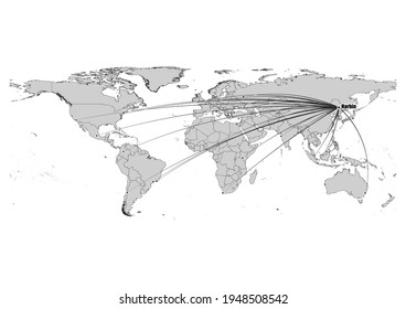 Digitally editable vector map showing  Harbin, China's position on the world map, and its connections with other major cities. File is suitable for editing and printing of all sizes.