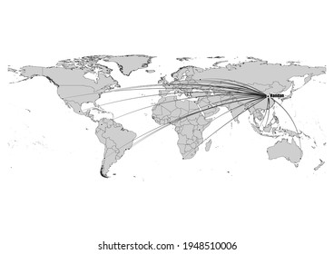 Digitally editable vector map showing  Handan, China's position on the world map, and its connections with other major cities. File is suitable for editing and printing of all sizes.