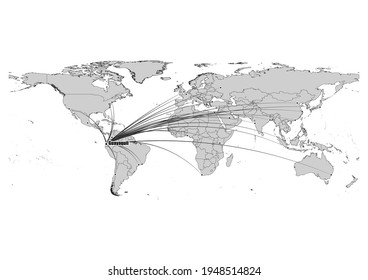 Digitally editable vector map showing  Guayaquil, Ecuador's position on the world map, and its connections with other major cities. File is suitable for editing and printing of all sizes.