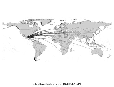 Digitally editable vector map showing  Guadalajara, Mexico's position on the world map, and its connections with other major cities. File is suitable for editing and printing of all sizes.