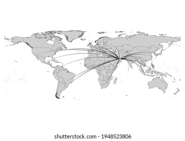 Mapa de vector modificable digitalmente que muestra a Dubai, la posición de los Emiratos Árabes Unidos en el mapa del mundo y sus conexiones con otras grandes ciudades. El archivo es adecuado para la edición e impresión de todos los tamaños.