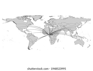 Digitally editable vector map showing  Douala, Cameroon's position on the world map, and its connections with other major cities. File is suitable for editing and printing of all sizes.