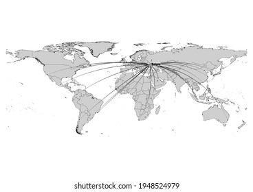 Digitally editable vector map showing  Dnipro, Ukraine's position on the world map, and its connections with other major cities. File is suitable for editing and printing of all sizes.