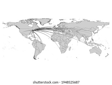 Digitally editable vector map showing  Detroit, United States of America's position on the world map, and its connections with other major cities. File is suitable for editing and printing of all size