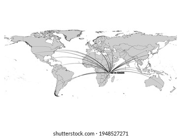 Digitally editable vector map showing  Dar es Salaam, Tanzania's position on the world map, and its connections with other major cities. File is suitable for editing and printing of all sizes.