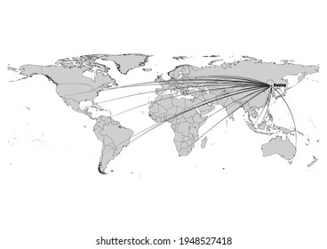Digitally editable vector map showing  Daqing, China's position on the world map, and its connections with other major cities. File is suitable for editing and printing of all sizes.