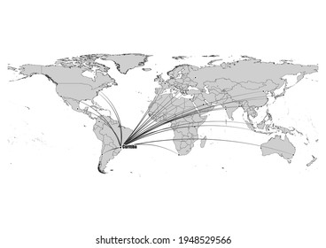 Digitally editable vector map showing  Curitiba, Brazil's position on the world map, and its connections with other major cities. File is suitable for editing and printing of all sizes.