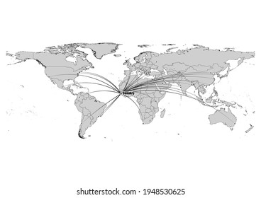 Digitally editable vector map showing  Conakry, Guinea's position on the world map, and its connections with other major cities. File is suitable for editing and printing of all sizes.