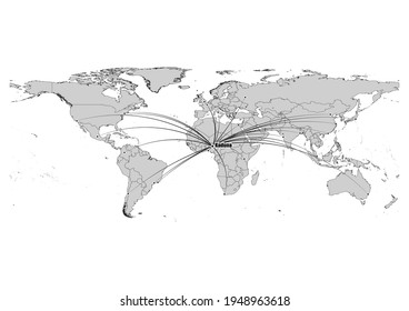 Digitally editable vector map showing  Kaduna, Nigeria's position on the world map, and its connections with other major cities. File is suitable for editing and printing of all sizes.
