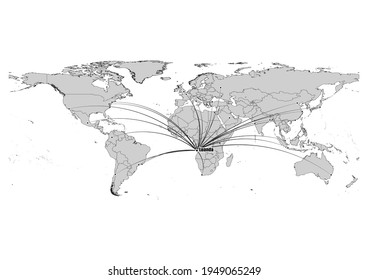 Digitally editable vector map showing  Luanda, Angola's position on the world map, and its connections with other major cities. File is suitable for editing and printing of all sizes.