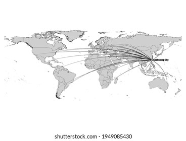 Digitally editable vector map showing  Kaohsiung City, Taiwan's position on the world map, and its connections with other major cities. File is suitable for editing and printing of all sizes.