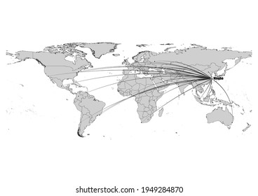 Digitally editable vector map showing  Ningbo, China's position on the world map, and its connections with other major cities. File is suitable for editing and printing of all sizes.