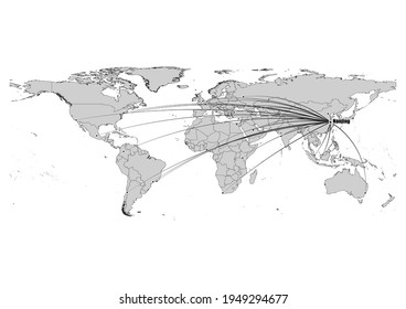 Digitally editable vector map showing  Nanjing, China's position on the world map, and its connections with other major cities. File is suitable for editing and printing of all sizes.