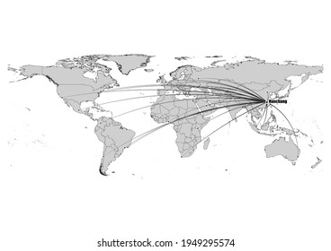 Digitally editable vector map showing  Nanchang, China's position on the world map, and its connections with other major cities. File is suitable for editing and printing of all sizes.