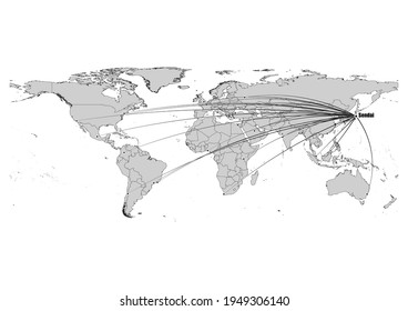 Digitally editable vector map showing  Sendai, Japan's position on the world map, and its connections with other major cities. File is suitable for editing and printing of all sizes.