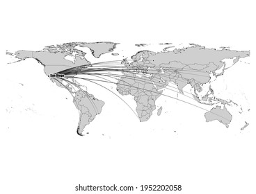 Digitally editable vector map showing  San Diego, United States of America's position on the world map, and its connections with other major cities. File is suitable for editing and printing of all si