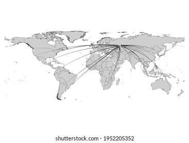 Digitally editable vector map showing  Samara, Russia's position on the world map, and its connections with other major cities. File is suitable for editing and printing of all sizes.