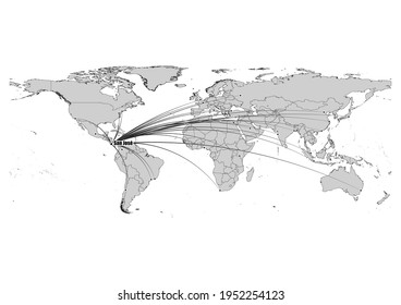 Digitally editable vector map showing  San José, Costa Rica's position on the world map, and its connections with other major cities. File is suitable for editing and printing of all sizes.