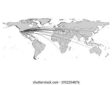 Digitally editable vector map showing  San Francisco, United States of America's position on the world map, and its connections with other major cities. File is suitable for editing and printing of al