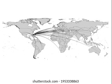 Digitally editable vector map showing  Miami, United States of America's position on the world map, and its connections with other major cities. File is suitable for editing and printing of all sizes.