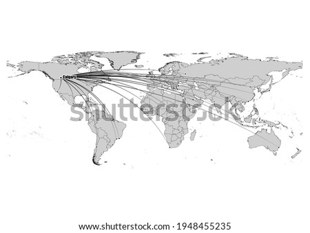 Digitally editable vector map showing  Calgary, Canada's position on the world map, and its connections with other major cities. File is suitable for editing and printing of all sizes.