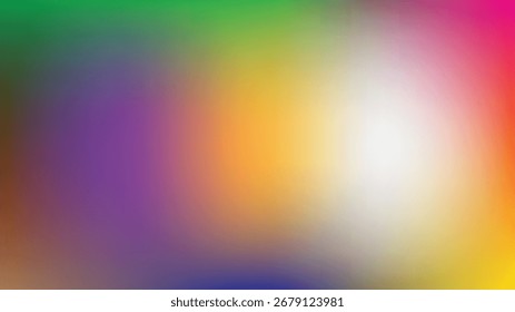 Um fundo de gradiente abstrato gerado digitalmente com uma transição suave de cores em toda a tela de desenho. A composição mistura tons de verde, rosa, roxo, laranja, amarelo, branco e azul