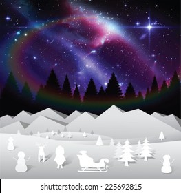 Digitally generated Aurora sky with cute christmas illustrations