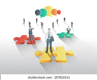 Digitally generated Business people on jigsaw pieces with speech bubbles