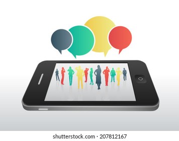 Digital generierte Geschäftsleute mit Sprachblasen auf Smartphone-Bildschirmen