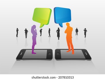 Digitally generated Business people standing on smartphones with speech bubbles