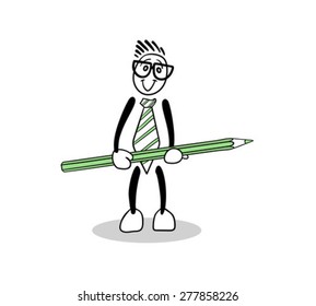 Digitally generated Cute cartoon holding green pencil