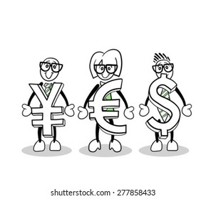 Caricatura Cute de generación digital que muestra símbolos de moneda