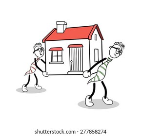 Caricaturas de Cute generadas digitalmente cargando una casa