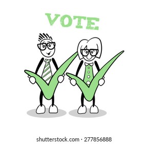 Digitally generated Cute cartoons showing green voting ticks