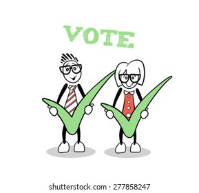 Digitally generated Cute cartoons showing green voting ticks