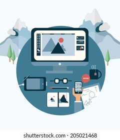 Escritorio de diseñadores de generación digital sobre el fondo de montañas nevadas