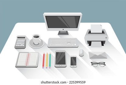 Digitally generated Desk with computer in office room