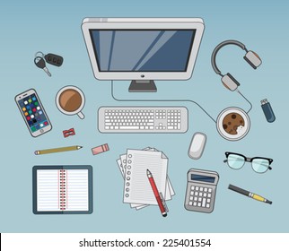 Digitally generated Desk with computer and other accessories vector