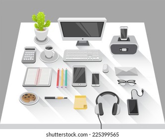 Digitally generated Desk with computer and various media devices vector
