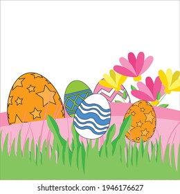 Digitally generated Easter vector with eggs, Easter eggs against a hilly landscape, easter egg hunt graphic design, Happy Easter holiday celebration background in vector.