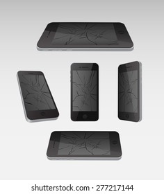 Digitally generated five broken smartphones