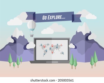 Digitally generated Go explore banner above laptop in mountain setting