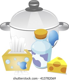 Digitally generated image of kitchen utensil with tissue box, salt pepper shaker and cheese.