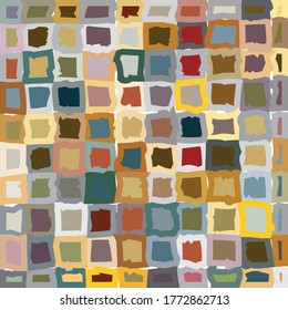 Digitally generated irregular shapes comprising modern pattern, filled with muted, faded colors, small rectangular shapes within host outer shapes