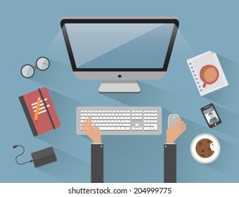 Digitally generated Man working on computer at blue desk